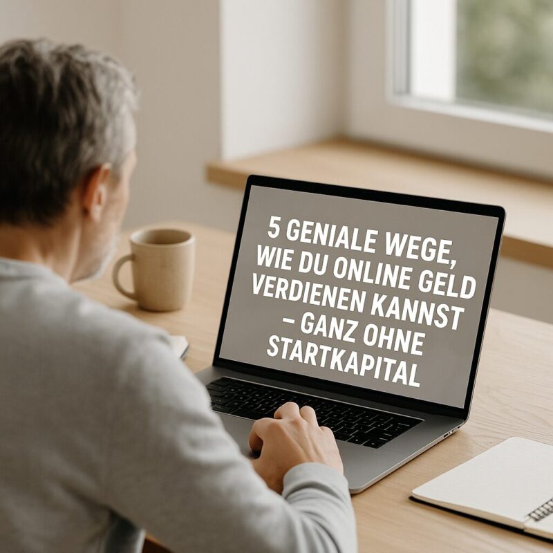 Mann arbeitet am Laptop mit der Überschrift "5 geniale Wege, wie du online Geld verdienen kannst – ganz ohne Startkapital
