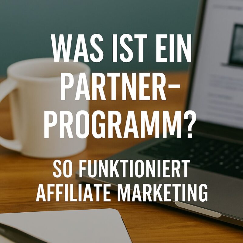 Illustration eines Laptops mit Affiliate-Link-Symbolen und dem Text „Was ist ein Partnerprogramm?“ – ideal für Einsteiger