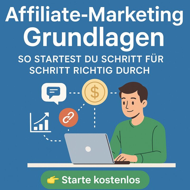 Illustration eines Laptops mit Affiliate-Symbolen, die den Start ins Affiliate-Marketing visualisieren