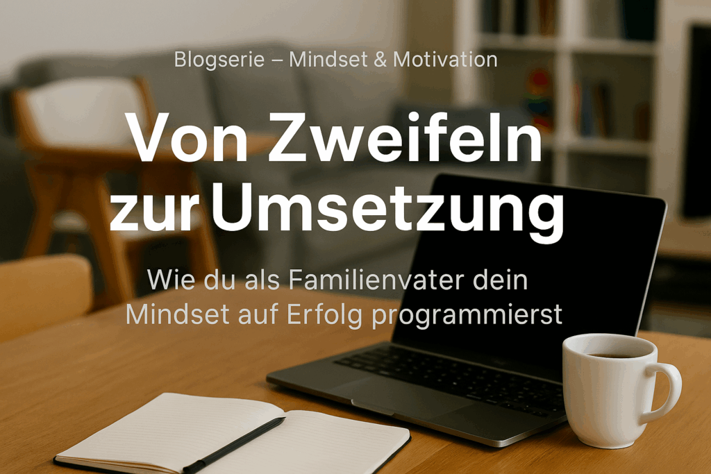 Laptop, Kaffeetasse und Notizbuch auf Holztisch – Symbolbild für Mindset und Planung eines Familienvaters im Homeoffice