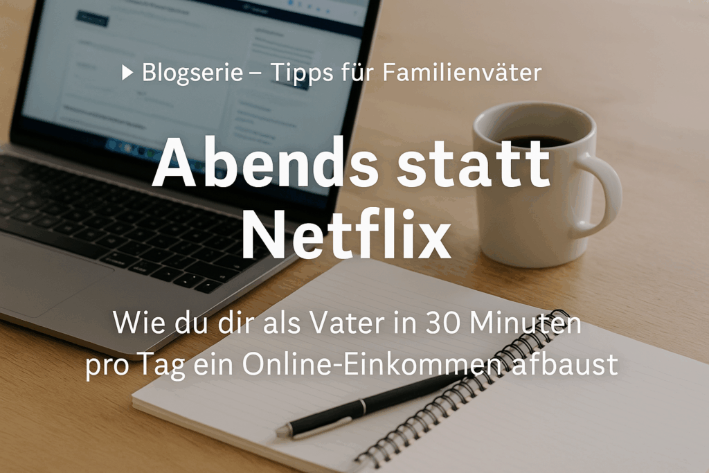 Laptop, Kaffeetasse und Notizbuch auf einem Holztisch – Symbolbild für Väter, die sich abends ein Online-Einkommen aufbauen
