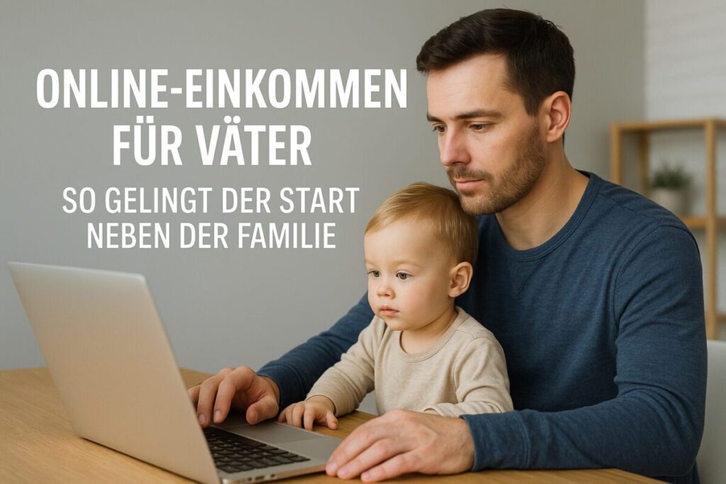 Vater arbeitet mit Kleinkind auf dem Schoß am Laptop – Symbolbild für Online-Einkommen für Väter im Familienalltag