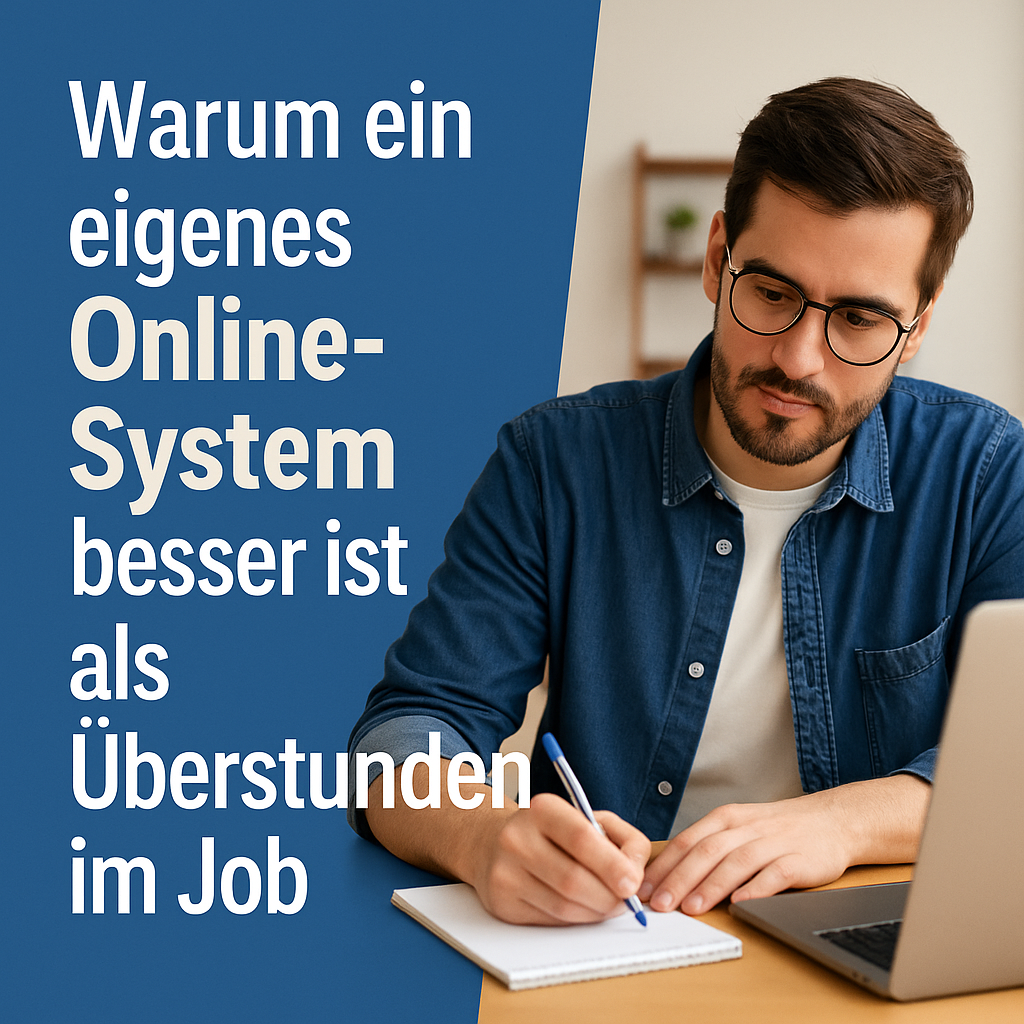 Vater arbeitet am Laptop zu Hause, Symbolbild für eigenes Online-System statt Überstunden im Job