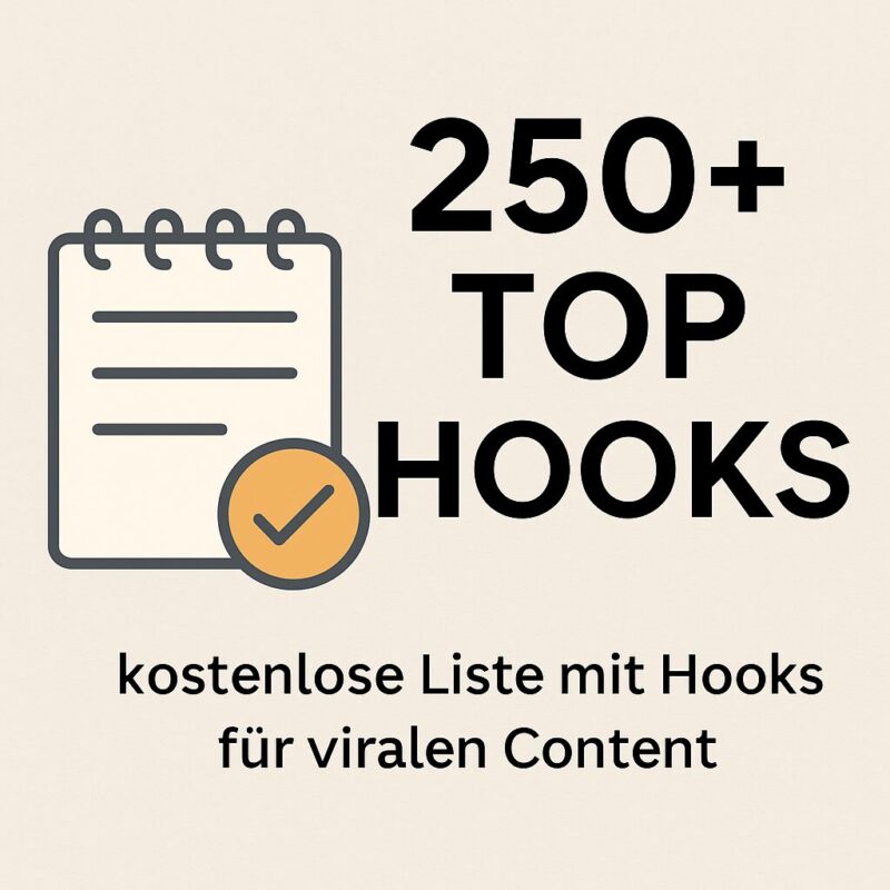 Visual zum kostenlosen eBook mit 250+ Hook-Ideen für Instagram und TikTok zur Steigerung von Reichweite und Engagement