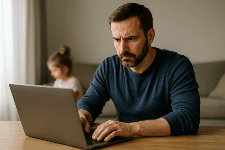 Vater arbeitet online von zuhause – System ohne Chef