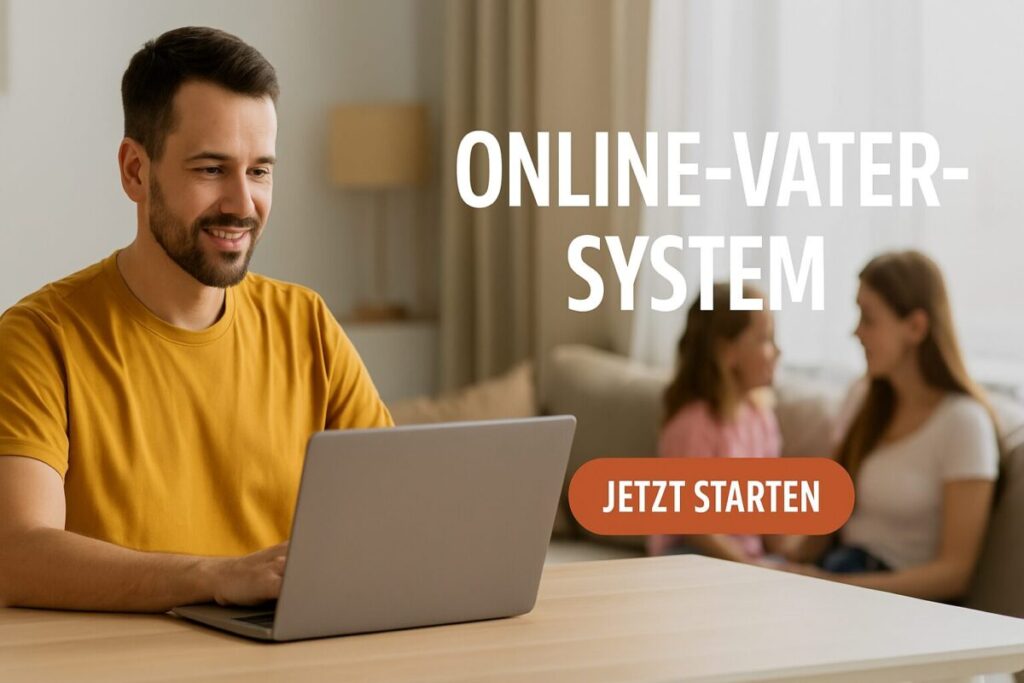 Vater arbeitet abends am Laptop – Online-Vater-System starten