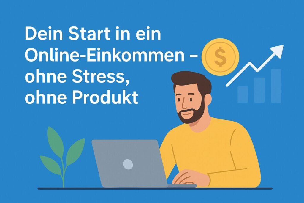 Illustration zeigt eine Person, die am Laptop arbeitet – mit Icons für passives Einkommen, Affiliate-Marketing und digitale Freiheit