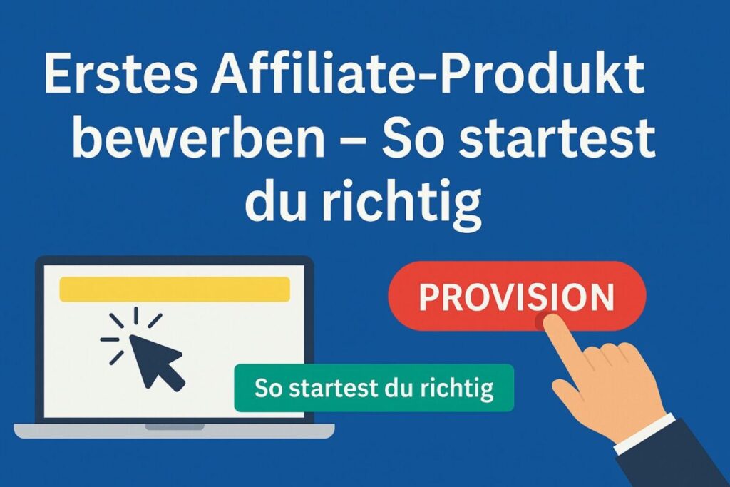 Illustration mit Titel ‚Erstes Affiliate-Produkt bewerben – So startest du richtig‘, Laptop mit Klicksymbol und Hand drückt PROVISION-Button
