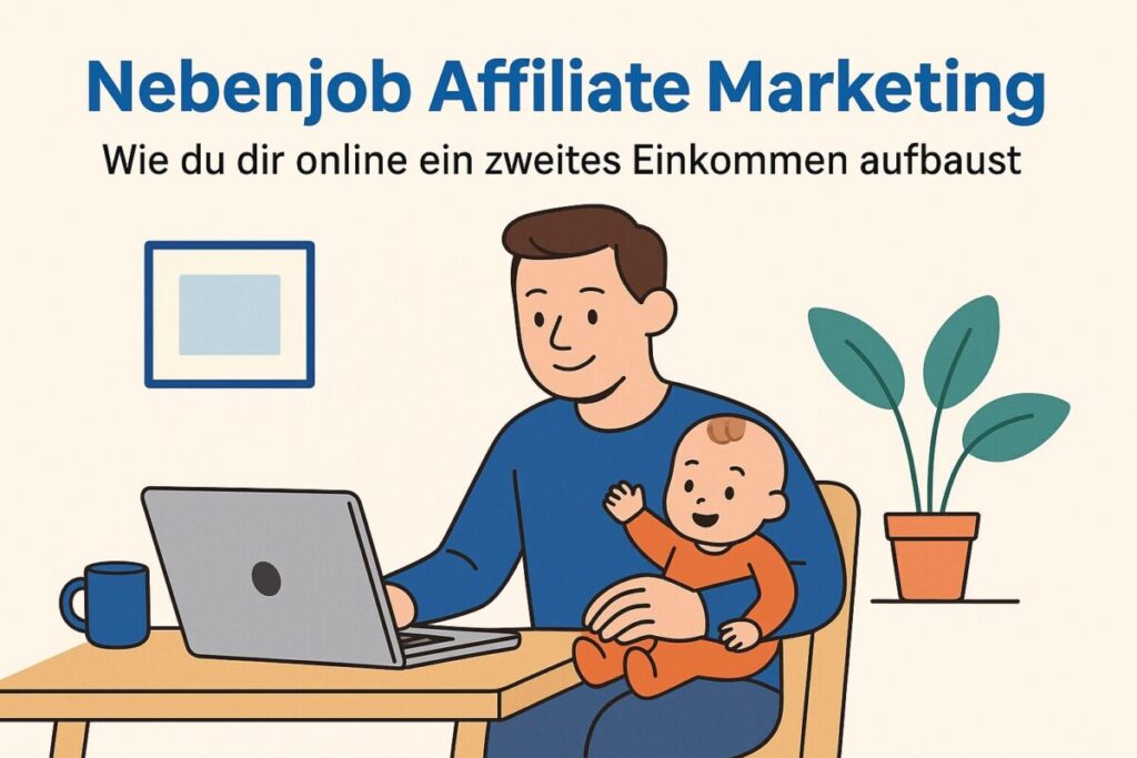 Vater verdient Geld mit Affiliate Marketing am Laptop mit Kind auf dem Schoß