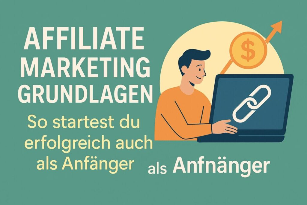 Illustration eines Mannes am Laptop mit Text „Affiliate Marketing Grundlagen – So startest du erfolgreich als Anfänger
