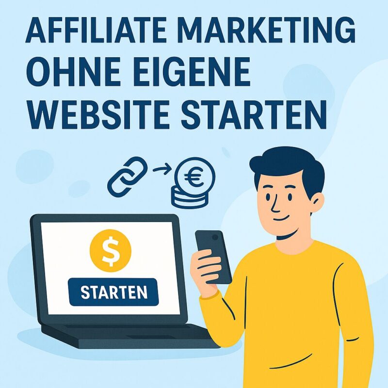Affiliate Marketing ohne eigene Website starten – Illustration mit Laptop und Social-Media-Symbolen