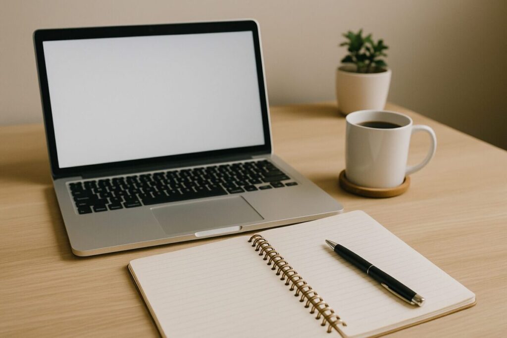 Moderner Schreibtisch mit Laptop, Notizbuch, Stift und Kaffeetasse – Symbol für konzentriertes Arbeiten im Affiliate Marketing