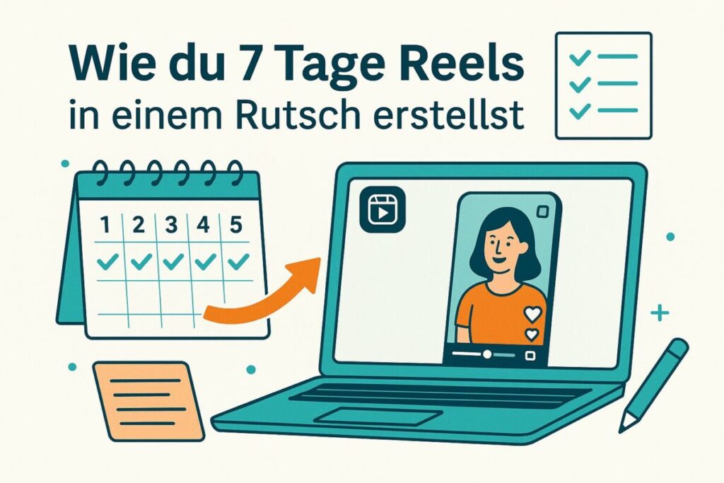 Illustration mit Laptop, Instagram-Reels-Ansicht, Kalender und Checkliste – symbolisiert effiziente Erstellung von 7 Tagen Social-Media-Content in einem Rutsch.