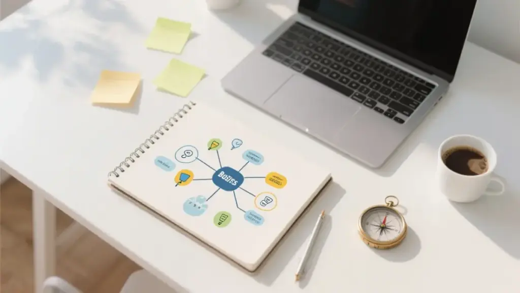 Nische finden Affiliate Marketing - Ein Schreibtisch mit Laptop und Notizbuch zur Planung des Business.