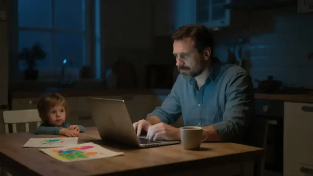Ein Vater überwindet seine Angst vor der Selbstständigkeit und arbeitet nachts am Laptop an seinem Online Business.