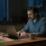 Ein Vater überwindet seine Angst vor der Selbstständigkeit und arbeitet nachts am Laptop an seinem Online Business.