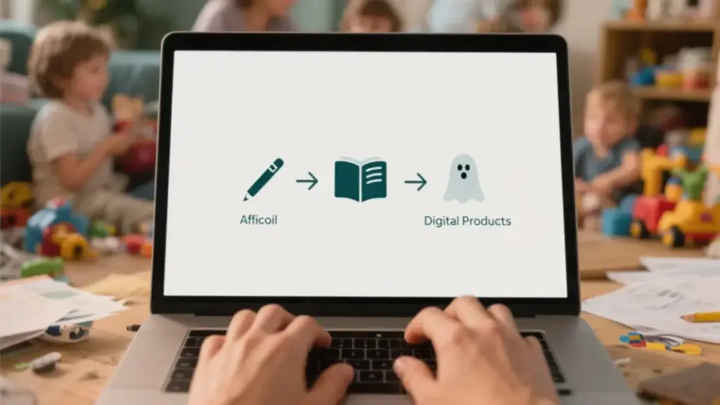 Eine Person wählt auf einem Laptop aus drei Optionen, welches Online Business mit wenig Zeit am besten passt.