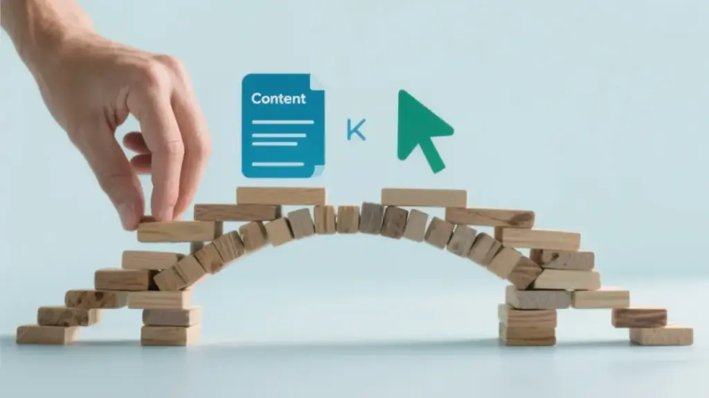 Eine Hand baut eine Brücke aus Holzklötzen zwischen einem Content-Symbol und einem Klick-Symbol, um ein Affiliate Produkt zu bewerben.