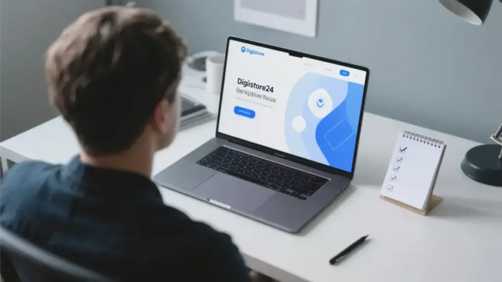 Eine Person nutzt eine Checkliste auf einem Notizblock, um auf einem Laptop ein Digistore24 Produkt zu finden.