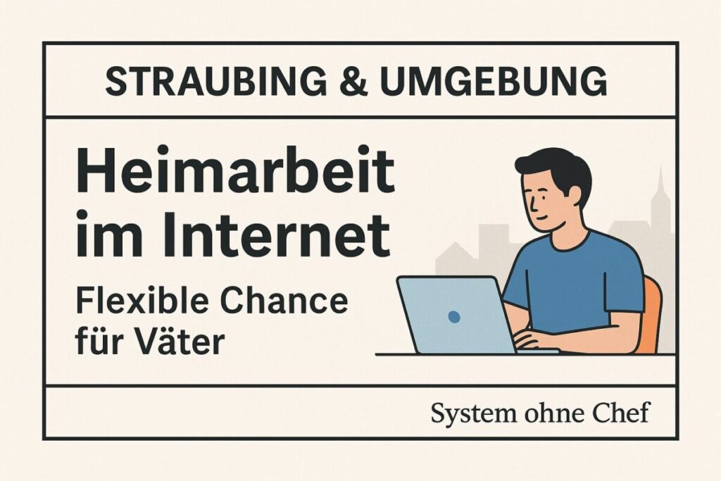 traubing & Umgebung – Heimarbeit im Internet für Väter, Illustration Mann am Laptop im Kleinanzeigen-Stil