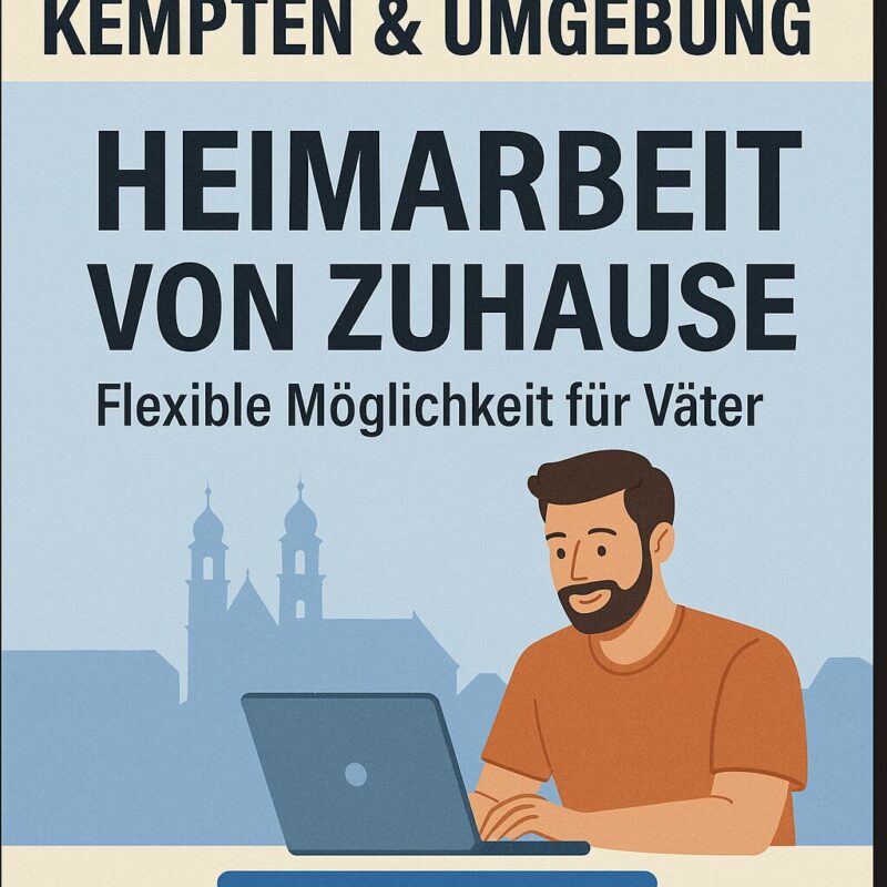 Kempten & Umgebung – Heimarbeit von Zuhause, Illustration Vater am Laptop mit Stadt-Silhouette im Hintergrund
