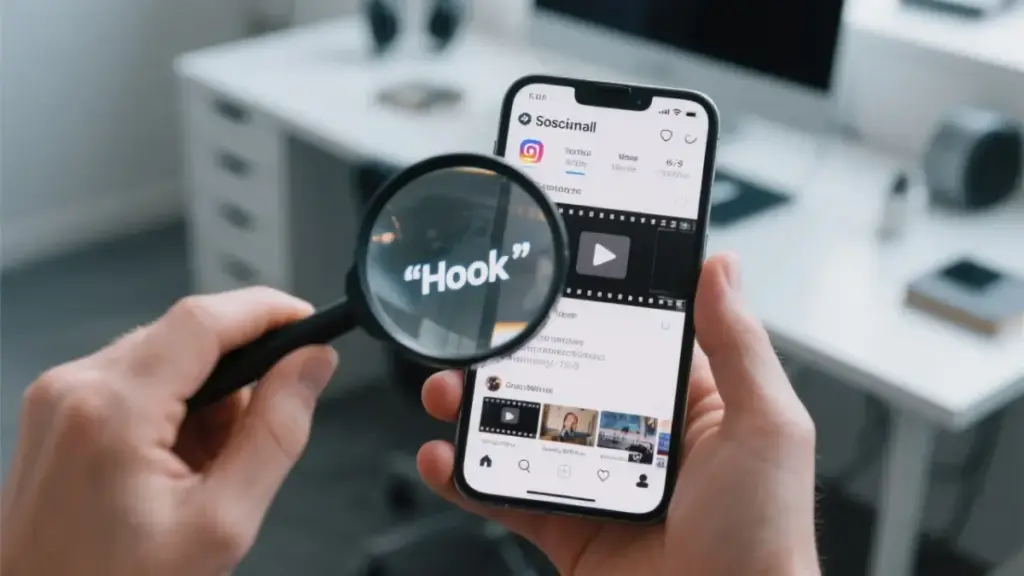 Eine Lupe untersucht den Anfang eines Reels auf einem Smartphone, als Symbol für eine detaillierte Hook-Analyse.