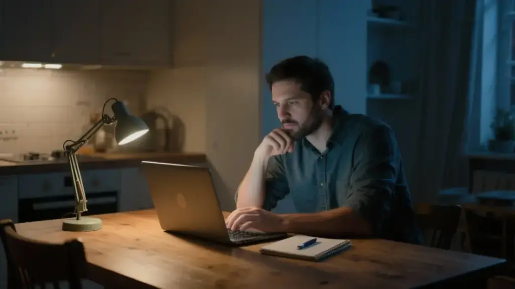 Ein Vater macht sich abends am Küchentisch nebenberuflich selbstständig und plant sorgfältig die nächsten Schritte für sein Online-Business.