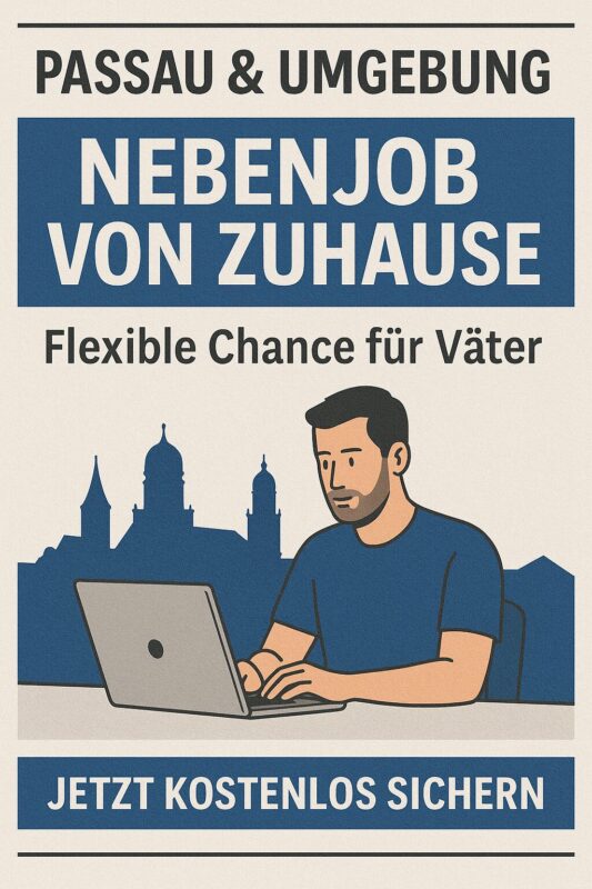 Passau & Umgebung – Nebenjob von Zuhause für Väter, Illustration Mann am Laptop mit Stadtsilhouette im Hintergrund