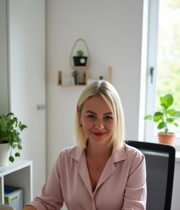 Lächelnde Chefin arbeitet im Homeoffice am Laptop und baut ihr Online-Business für Mütter auf.