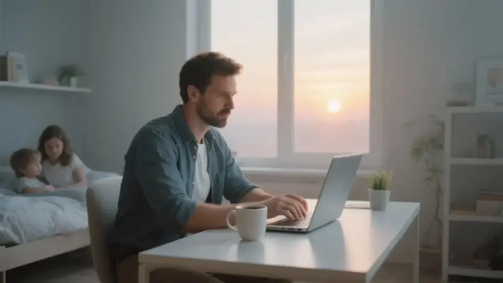Ein Vater nutzt die frühen Morgenstunden, um fokussiert an seinem Online Business mit Kind und Vollzeitjob zu arbeiten.