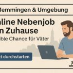 Memmingen & Umgebung – Online Nebenjob von Zuhause für Väter, Illustration Mann am Laptop mit Stadtsilhouette im Hintergrund
