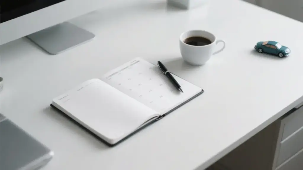 Ein System für Content Batching Väter: Aufgeräumter Schreibtisch mit Planer, Kaffee und Spielzeugauto.