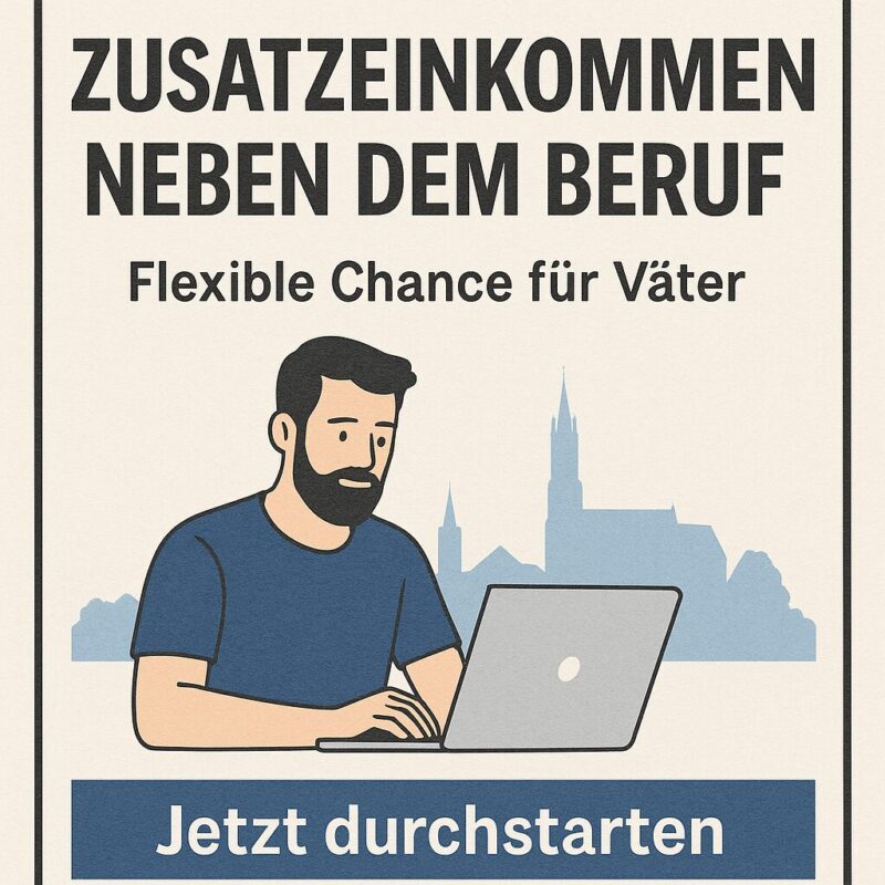 „Landshut & Umgebung – Zusatzeinkommen neben dem Beruf für Väter, Illustration Mann am Laptop mit Stadt-Silhouette