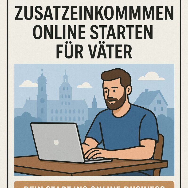 Augsburg Zusatzeinkommen online – Illustration Vater am Laptop mit Stadt-Silhouette im Hintergrund