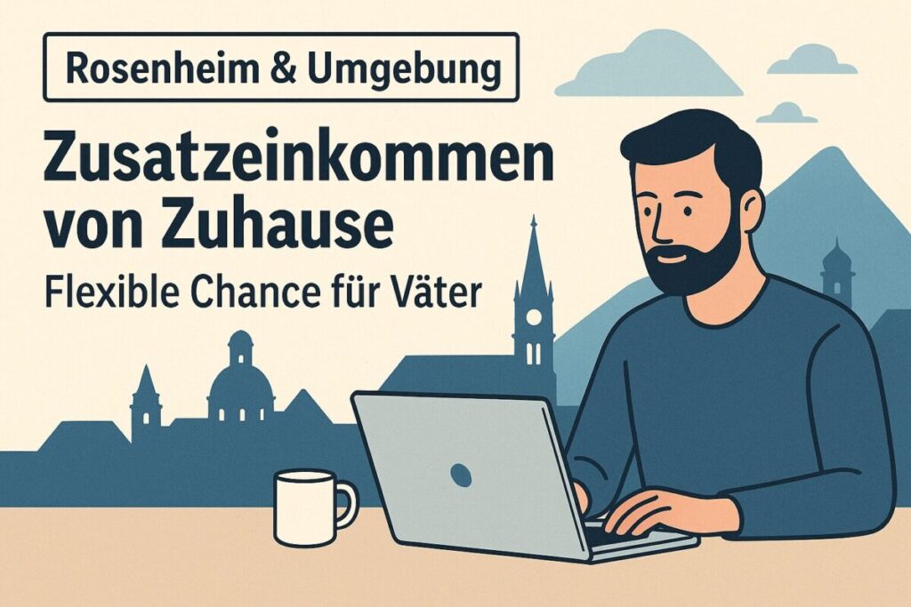 Rosenheim & Umgebung – Zusatzeinkommen von Zuhause für Väter, Illustration Mann am Laptop mit Stadt-Silhouette im Hintergrund