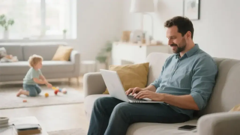Vater arbeitet flexibel von zuhause am Laptop, während sein Kind im Hintergrund spielt – Symbol für einen Nebenjob in Gersthofen.