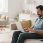 Vater arbeitet flexibel von zuhause am Laptop, während sein Kind im Hintergrund spielt – Symbol für einen Nebenjob in Gersthofen.