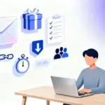 Minimalistische Illustration zum E-Mail-Listenaufbau für Eltern – Laptop, Briefumschlag, Geschenk, Checkliste, Stoppuhr