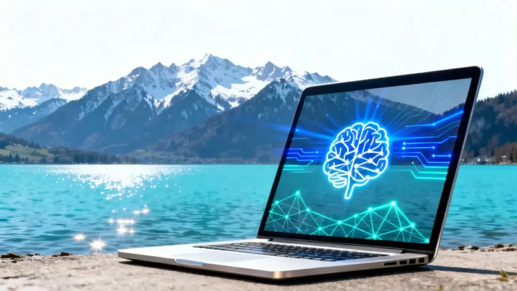 KI Online Business am Bodensee – Laptop mit KI‑Symbolen vor Alpenkulisse, anonymes und automatisiertes Arbeiten