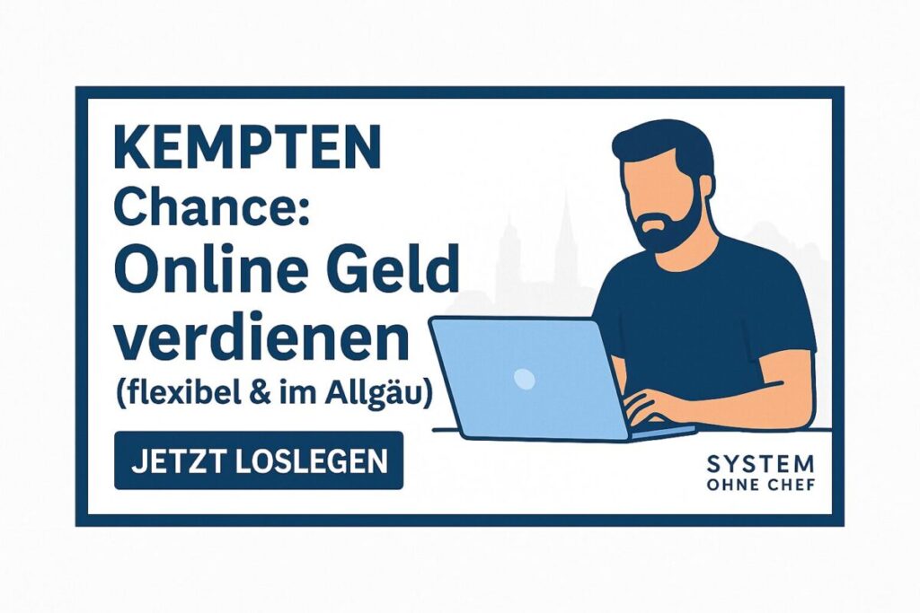 Kempten Allgäu – Chance Online Geld verdienen flexibel von Zuhause, Illustration Vater am Laptop im Inserat-Stil