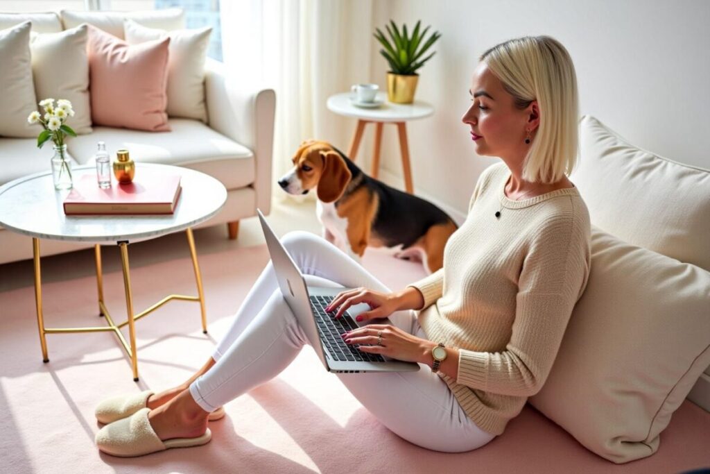 Mama arbeitet entspannt im Homeoffice am Laptop – Affiliate Marketing für Mamas