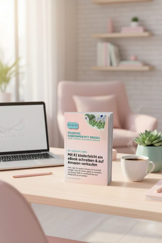Das Buchcover des Kurses "eBook schreiben mit ChatGPT" steht auf einem modernen Schreibtisch neben einem Laptop.