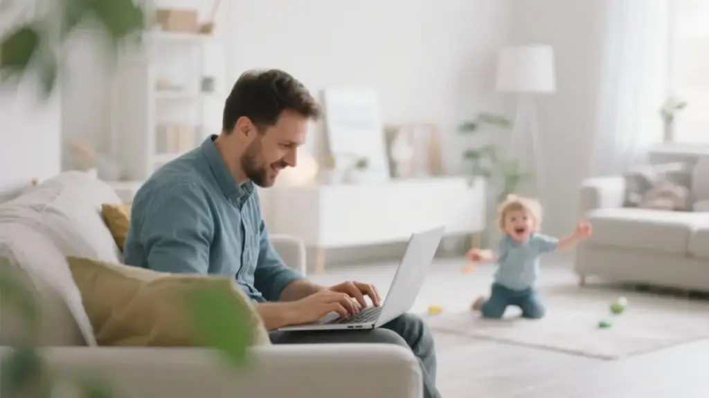 Vater arbeitet flexibel von zuhause am Laptop, während sein Kind im Hintergrund spielt – Symbol für einen Nebenjob in Lindau.