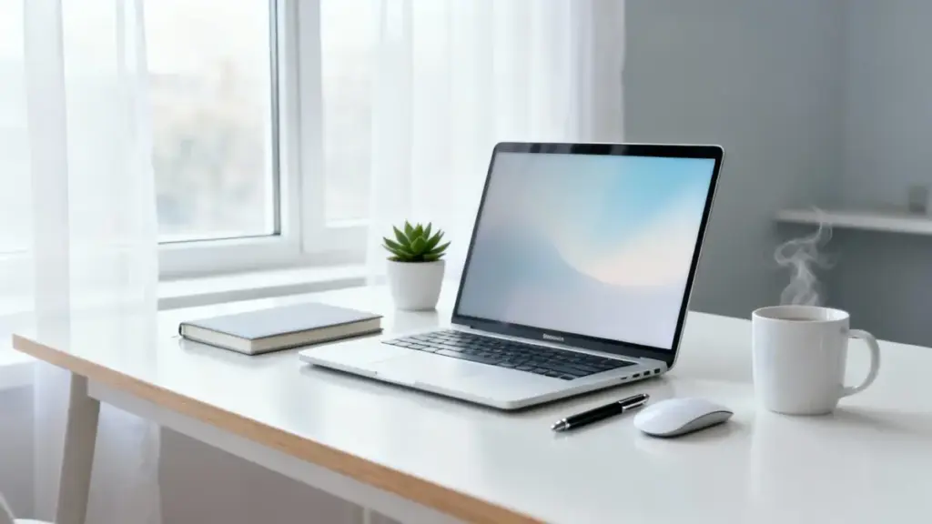 Heimarbeit seriös – seriöser Homeoffice-Arbeitsplatz mit Laptop, Notebook und Kaffee