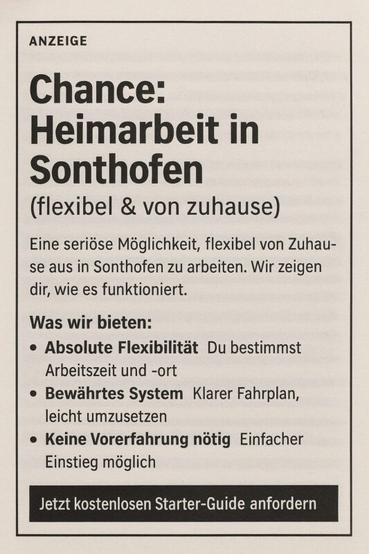 Sonthofen – Chance Heimarbeit flexibel und von Zuhause, Inserat-Stil mit Vorteilen und Call-to-Action