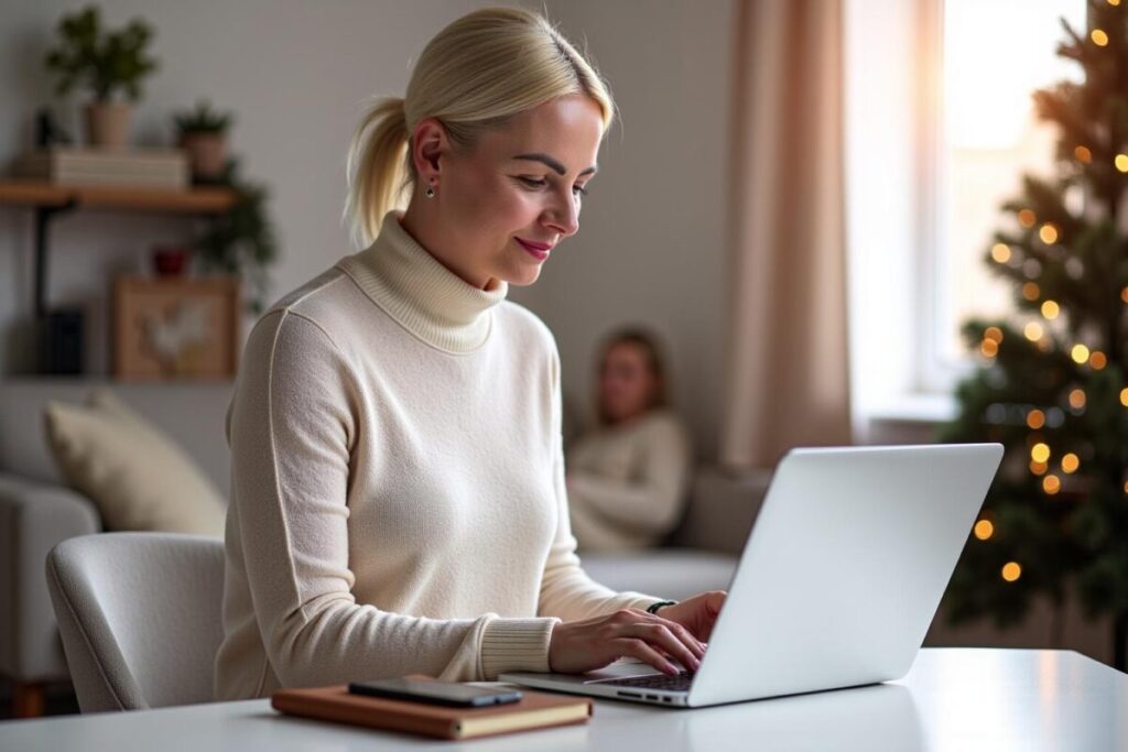 Mutter arbeitet konzentriert am Businessplan auf dem Laptop während der Weihnachtszeit – Selbstständigkeit für Mütter planen