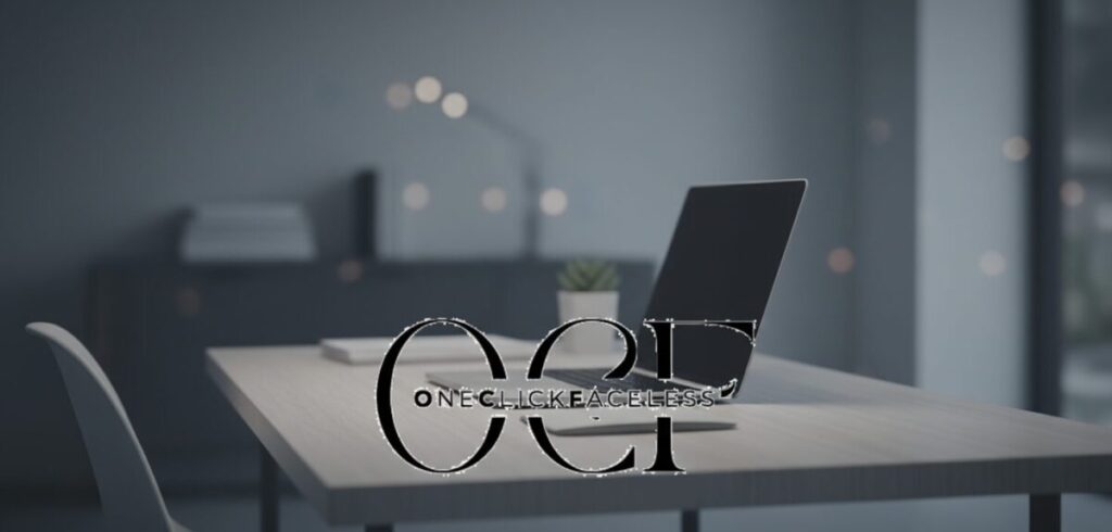 OneClickFaceless Logo im Vordergrund auf Homeoffice Hintergrund – Anonymes Online Business