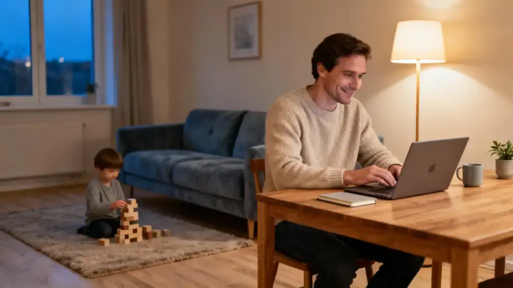 Vater arbeitet abends am Laptop im Wohnzimmer, Kind spielt im Hintergrund – Online Business für Väter