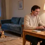 Vater arbeitet abends am Laptop im Wohnzimmer, Kind spielt im Hintergrund – Online Business für Väter