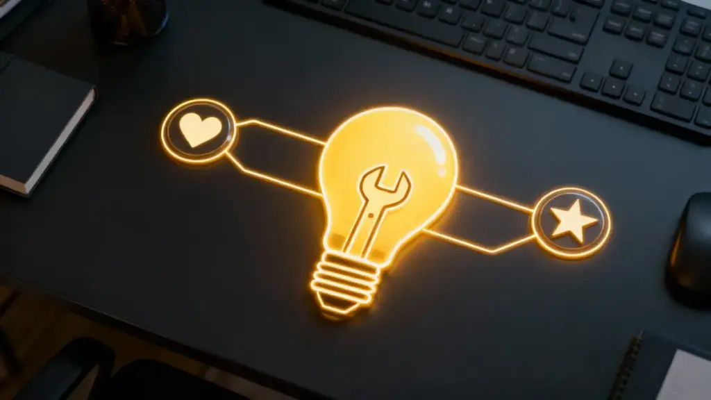 Symbolbild zum Thema Online Business Idee finden: Ein Herz, ein Werkzeug und ein Stern verbinden sich zu einer leuchtenden Glühbirne.